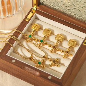 Bijoux Croix Vintage Français Acier Inoxydable Plaqué Or Pierre Naturelle Pendentif Collier Boucles D'oreilles Femmes