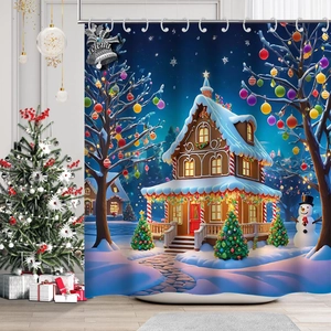 Rideau de douche de Noël détaillé avec motif de chalet et crochets en métal