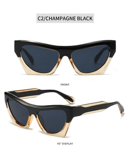 Front and side view of cat-eye sunglasses with champagne black dual-tone frame design