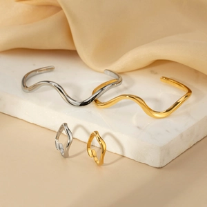 Minimalist Stainless Steel Wavy Ring And Bangle For Women Adjustable Open Mirror Polished INS Style Jewelry