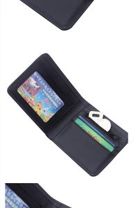 Detailed interior of black bifold wallet showing card slots and zipped coin pocket