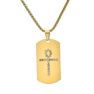 Collier pendentif plaque militaire symbole Ankh doré avec pierres de cristal pour homme