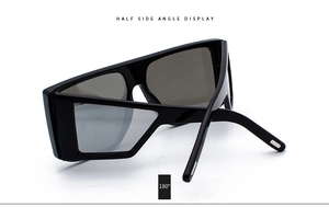 Rear side angle display of retro black rectangular sunglasses with silver metal accents