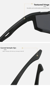 Detail of durable hinges and anti-slip curved temple tips on black sports sunglasses