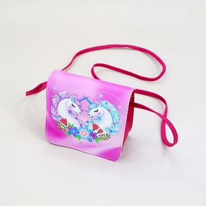 Pink unicorn cross-body bag for kids featuring a faux leather flap and floral graphics