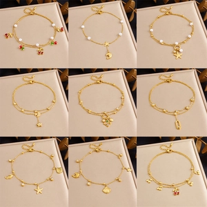 Stainless Steel Double Layer Anklet Zircon Artificial Pearl Cherry Starfish Shell Charm Adjustable Summer Beach Jewelry Women