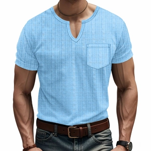 Light blue men's V-neck waffle knit T-shirt with chest pocket in a casual loose fit
