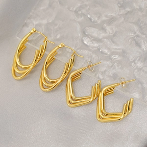 Multi Layer Hoop Earrings 18K Gold Plated Stainless Steel Geometric Oval Square Minimalist Jewelry For Women