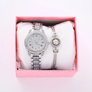 Silver quartz watch and bracelet set with rhinestones and Roman numerals in gift box