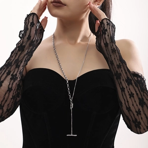 Silver long patchwork necklace with OT toggle clasp and mixed chain textures for women