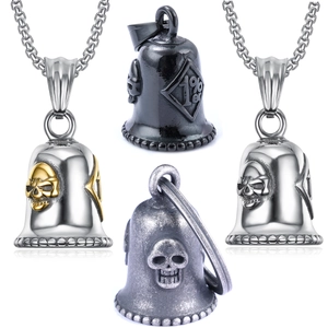Men's Stainless Steel Skull Bell Pendant Necklace Retro 1%er Biker Motorcycle Guardian Bell Gothic Punk Jewelry For Men