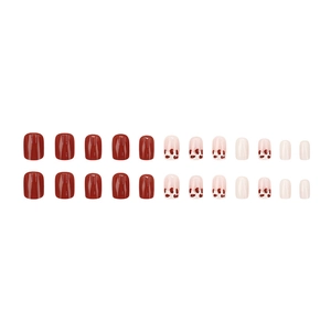 24pcs short square press-on nails with burgundy red and cow print patterns glossy finish