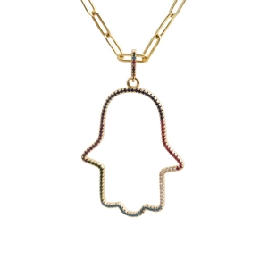Golden paperclip chain necklace with Hamsa Hand pendant and colorful cubic zirconia gems