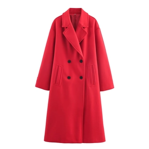 Classic red double-breasted long wool coat for women with black buttons and a lapel collar
