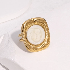 French luxury 18k gold plated stainless steel open ring with white enamel rose detail