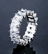 Macro view of silver eternity ring with baguette-cut cubic zirconia in a channel setting