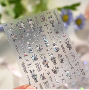 Macro shot of M1368 gothic rabbit nail stickers with laser iridescent finish and chain details