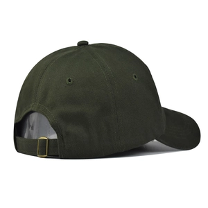 Detail view of adjustable metal buckle strap on olive green washed cotton baseball cap