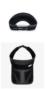 Detail of breathable black mesh sun visor featuring adjustable reflective buckle strap