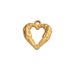 Golden heart-shaped angel wing pendant made of minimalist stainless steel on white background
