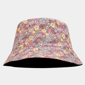 Close-up of pink floral bucket hat with detailed daisy print and reinforced stitching