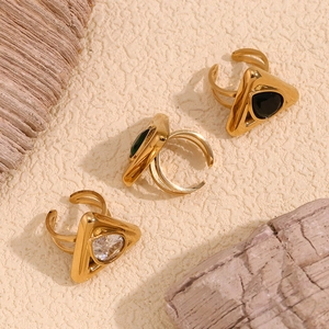18K gold plated stainless steel open rings with triangle-cut gemstones in three colors