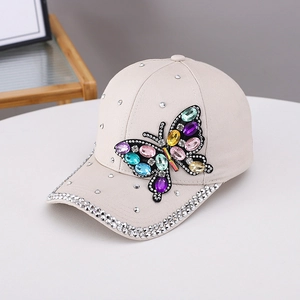Beige baseball cap for women with colorful rhinestone butterfly and sparkly crystal studs