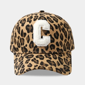 Detail of leopard print baseball cap featuring white towel-embroidered C patch