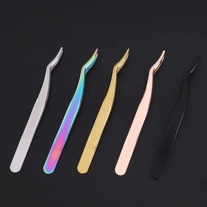 Five professional stainless steel eyelash tweezers in silver, gold, black and rainbow colors