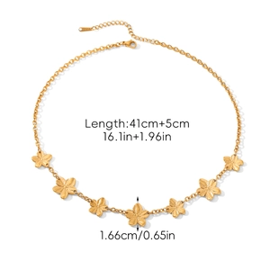 Detailed view of golden stainless steel flower necklace with size specifications