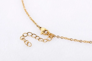 Macro shot of the golden jewelry set lobster clasp and adjustable extension chain detail