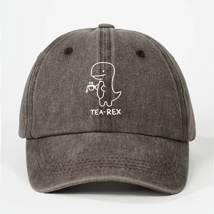 Dark grey washed cotton baseball cap featuring a Tea-Rex cartoon dinosaur embroidery