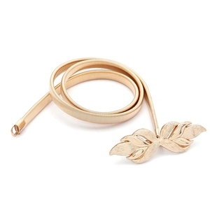 Elegant gold leaf elastic metal belt for dresses featuring double leaf buckle design