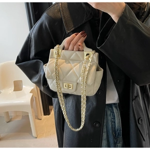 Close-up of cream quilted handbag with gold turn-lock and leather-woven chain strap