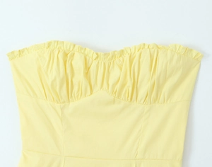 Gros plan d'une robe jaune à col en cœur avec détails froncés et bords à volants