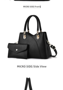 Détails d'un ensemble de sacs en cuir noir avec anneaux dorés et pochette assortie