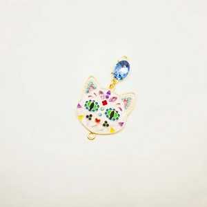 DIY enamel cat head pendant with blue crystal gemstone for necklace and jewelry making