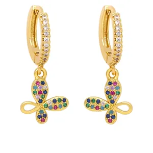 Elegant gold butterfly drop earrings with colorful zircon stones in a symmetrical design