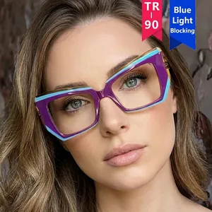 Irregular TR90 anti-blue light glasses frame in purple and blue contrast design