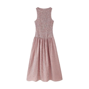 Smocked Gingham Midi Dress Sleeveless Round Neck Red White Plaid A Line Summer Casual Women