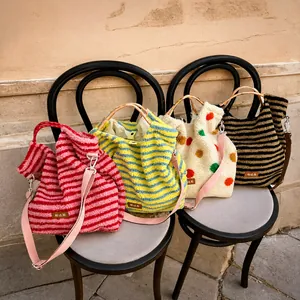 Korean Retro Autumn Winter Striped Plush Tote Bag Large Capacity Soft Lamb Wool Handbag Crossbody Shoulder Bag For Students Women