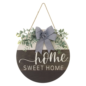 Wooden Home Sweet Home door wreath with striped bow and eucalyptus leaves decor