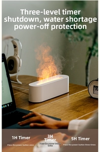 Detail of white 3D flame humidifier showing 1H/3H/5H timer and auto shut-off settings