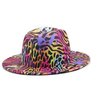 Detail of colorful graffiti leopard print fedora hat with a flat wide brim and stylish crown