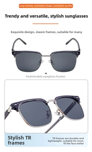 Detail of half-rim polarized sunglasses showing silver metal and purple TR frames