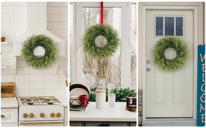 Norfolk Pine garland displayed on range hood, window and front door in cozy home settings