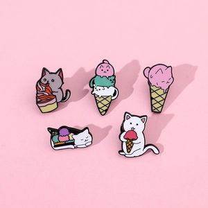 Cartoon Cat Ice Cream Enamel Brooch Pin Alloy Drip Oil Cute Kitten Dessert Badge For Bags Clothing Accessory