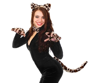 Leopard print cat costume set featuring plush ears headband, bowtie, paws and a long tail