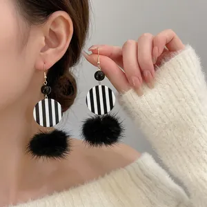 Retro Black White Striped Drop Earrings With Faux Fur Pom Pom Alloy Hook Geometric Dangle Jewelry For Women