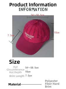 Detail view of rose red baseball cap with size dimensions: 54-58.5cm circumference